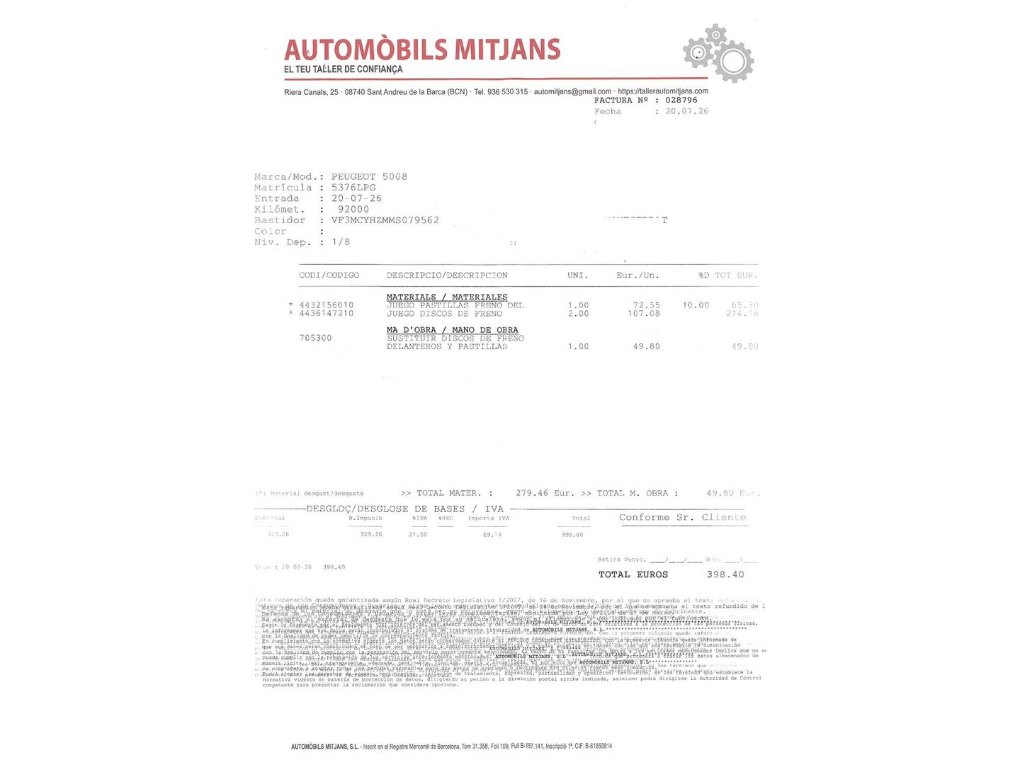 Foto del mantenimiento del Peugeot 5008 Peugeot 5008 BlueHDI 130 S&S GT (130 CV) 7 Plazas