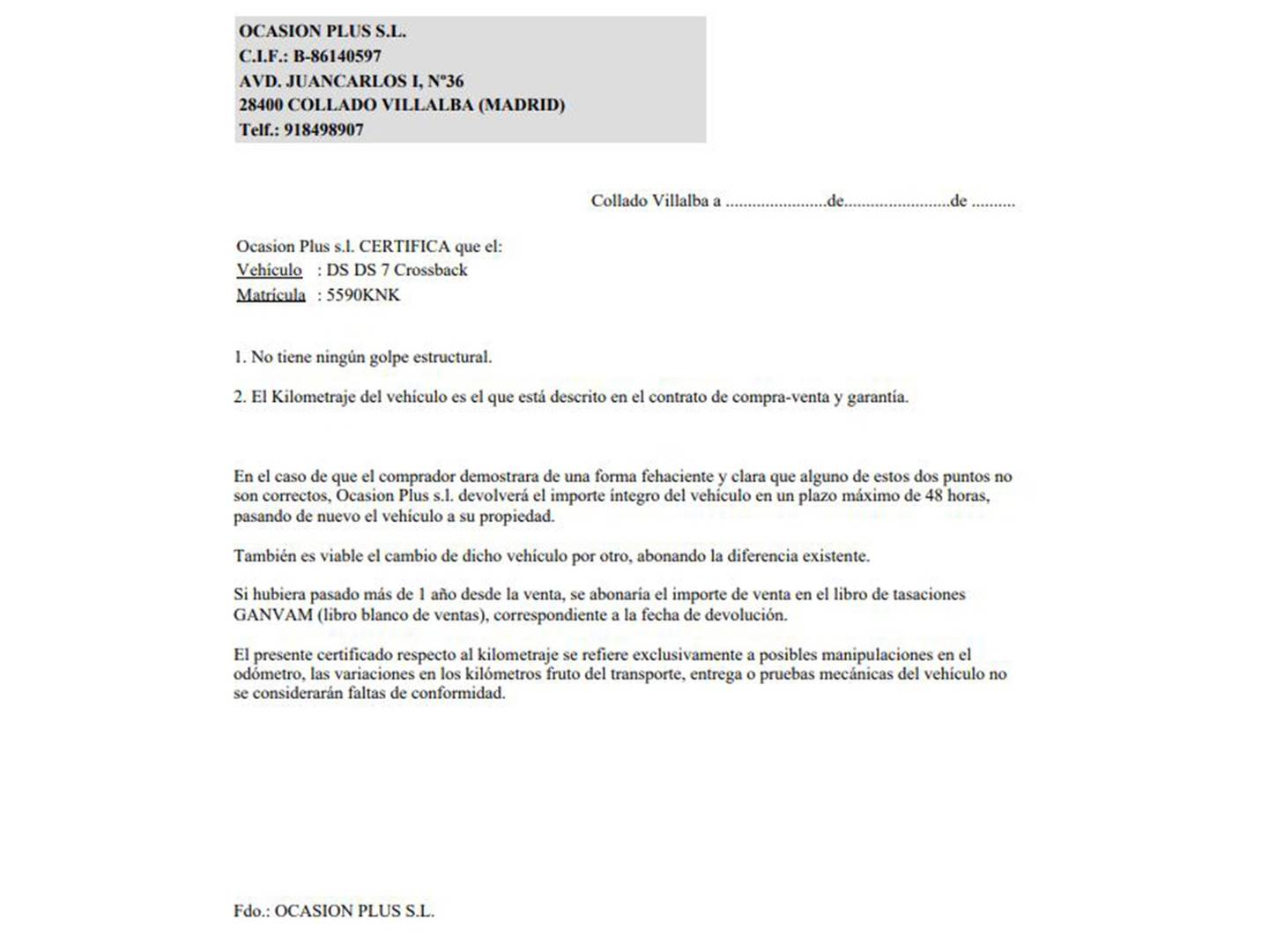 Foto del certificado del DS DS 7 Crossback DS DS7 Crossback PureTech 225 Grand Chic (225 CV)