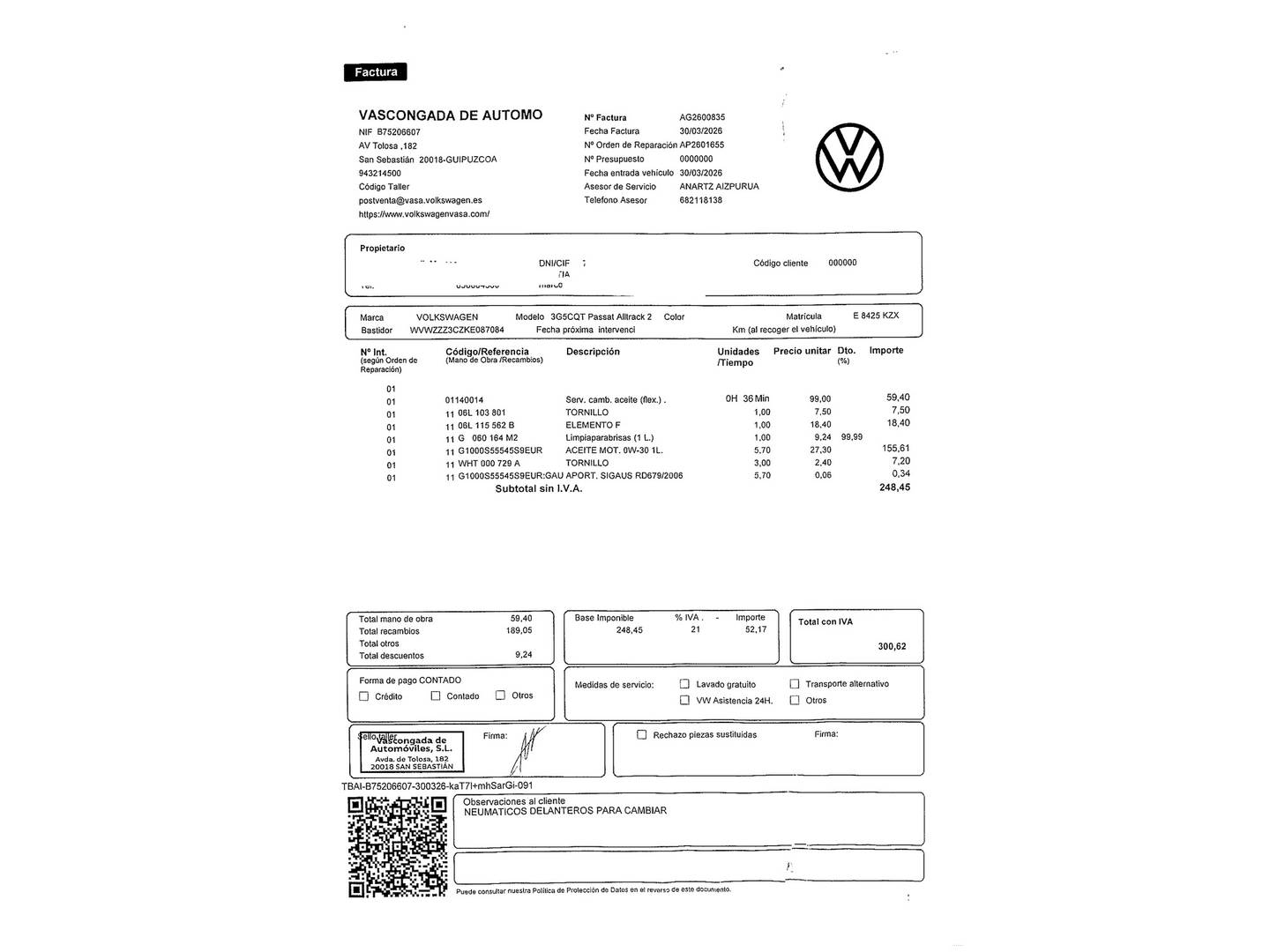 Foto del mantenimiento del Volkswagen Passat Volkswagen Passat Alltrack 2.0 TSI 4Motion (272 CV) DSG