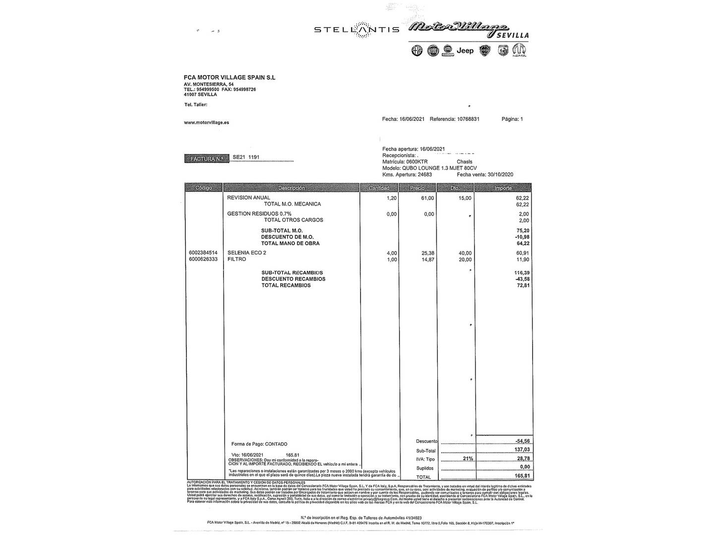 Foto del mantenimiento del Fiat Qubo Fiat Qubo 1.3 MultiJet Lounge (80 CV)