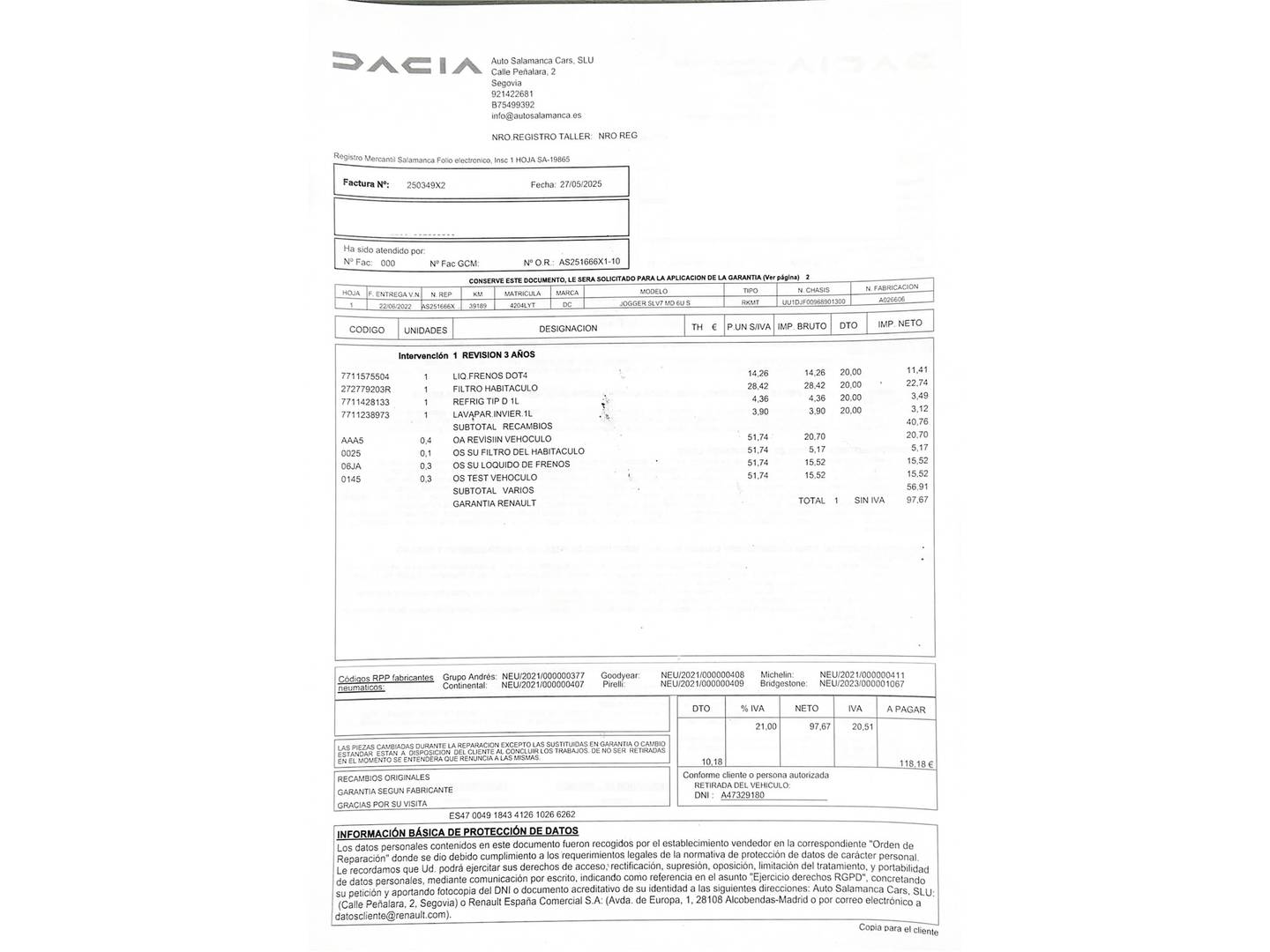 Foto del mantenimiento del Dacia Jogger Dacia Jogger Limitada Extreme TCe (110 CV) 7 Plazas