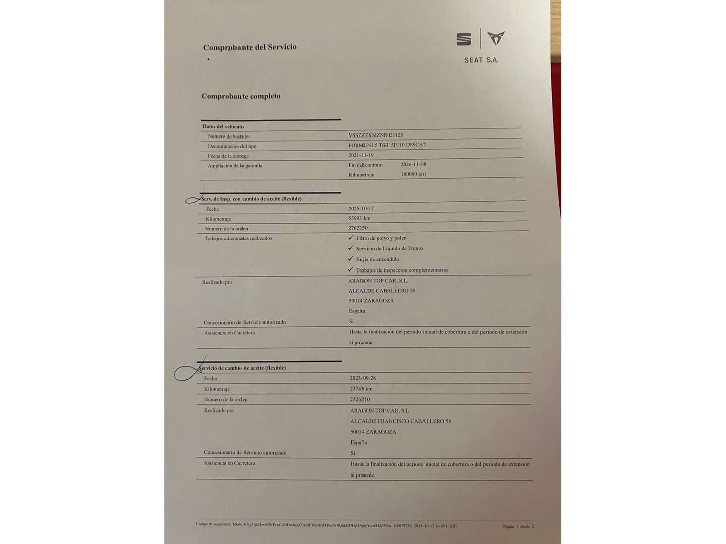 Foto del mantenimiento del Cupra Formentor CUPRA Formentor 1.5 TSI DSG (150 CV)