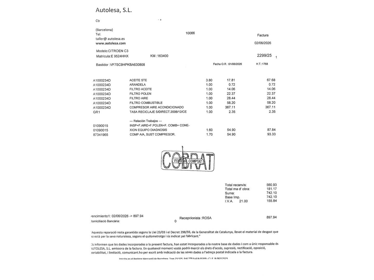 Foto del mantenimiento del Citroën C3 Citroën C3 e-HDi Collection (92 CV)
