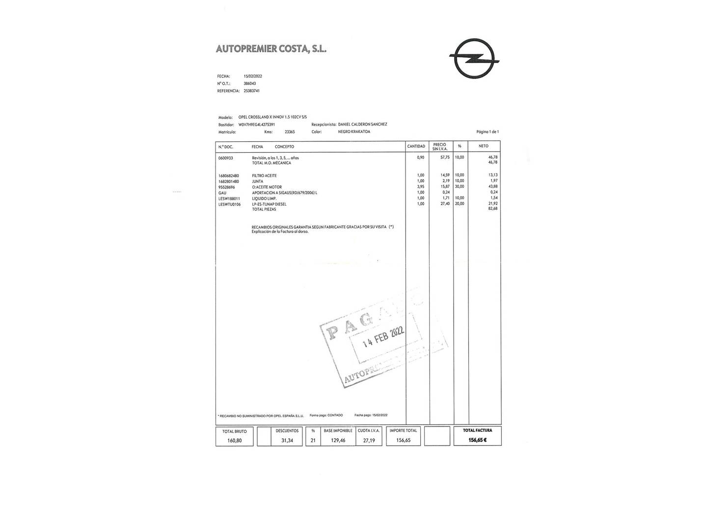 Foto del mantenimiento del Opel Crossland X Opel Crossland X 1.5D Innovation (102 CV)