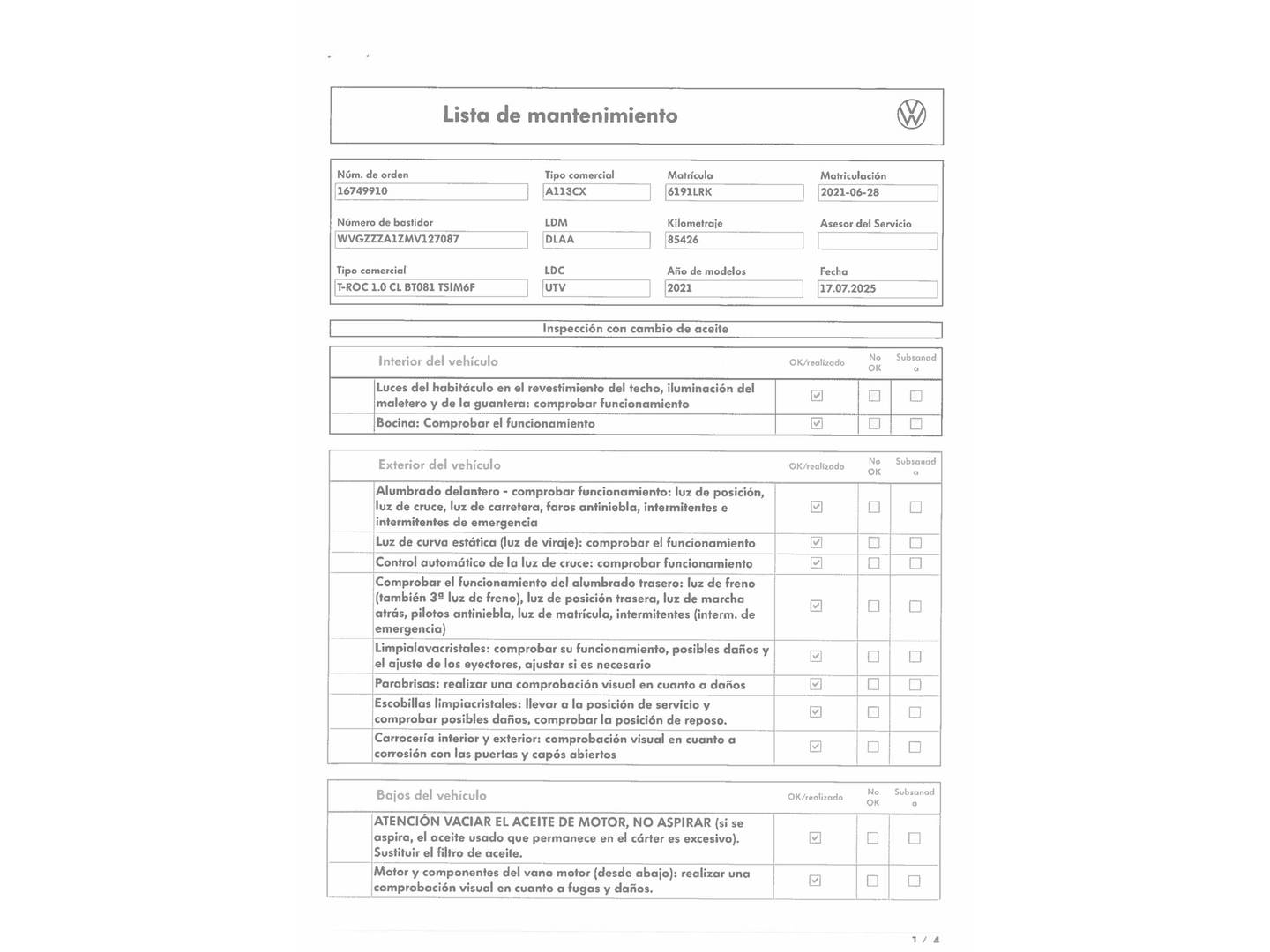 Foto del mantenimiento del Volkswagen T-Roc Volkswagen T-Roc Advance 1.0 TSI 81 kW (110 CV)