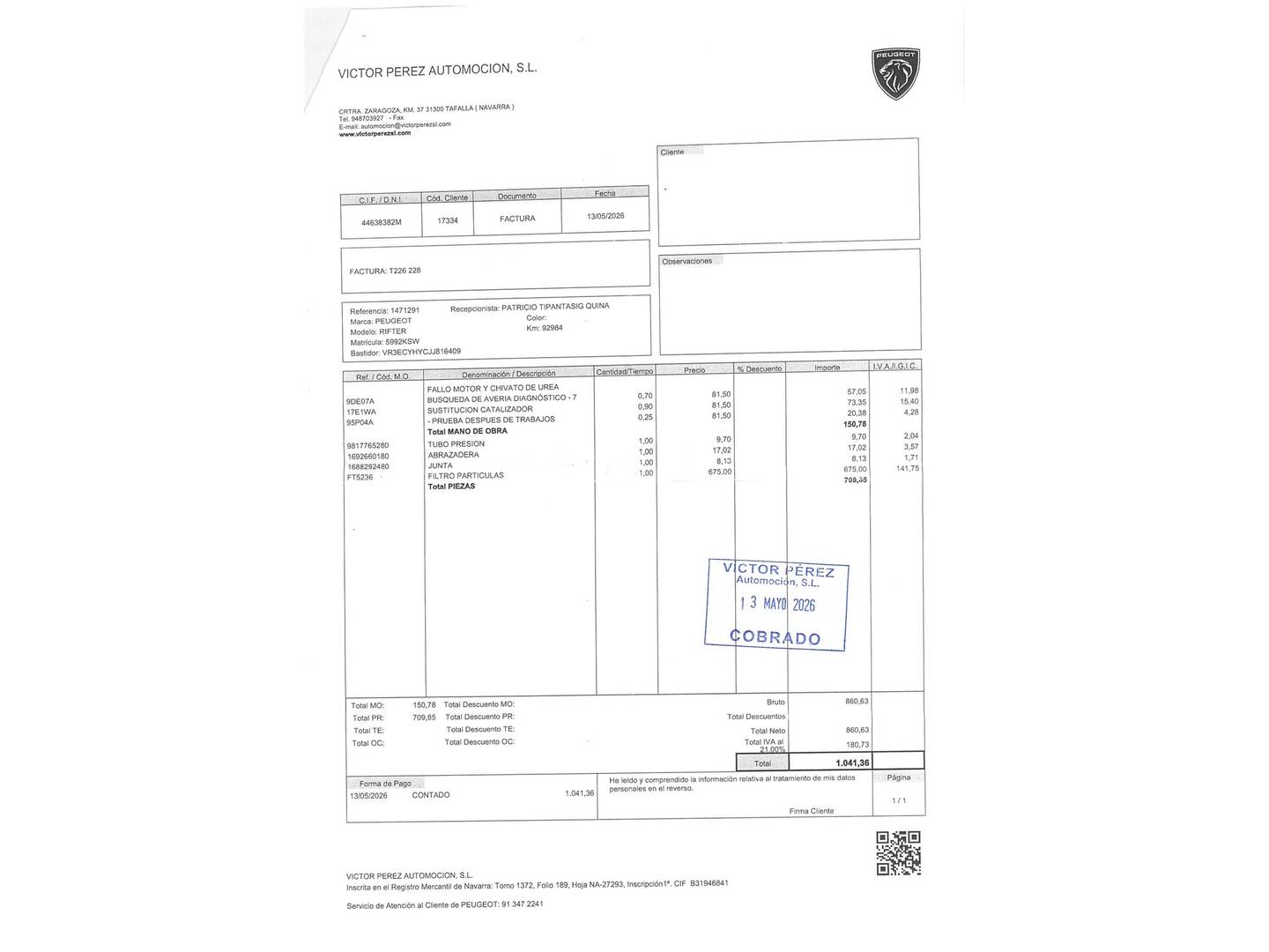 Foto del mantenimiento del Peugeot Rifter Peugeot Rifter BlueHDi 100 GT Line Standard (100 CV)