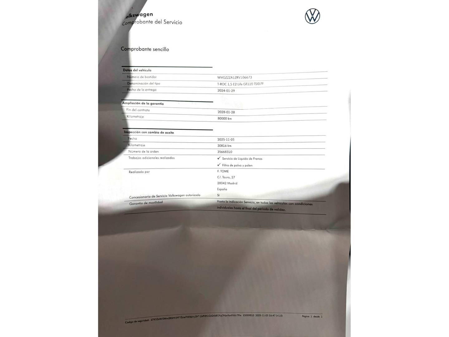 Foto del mantenimiento del Volkswagen T-Roc Volkswagen T-Roc Life 1.5 TSI (150 CV) DSG
