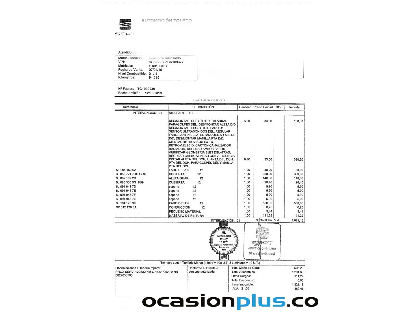 Foto del mantenimiento del Seat Ibiza Seat Ibiza 1.5 TSI FR XL DSG (150 CV)