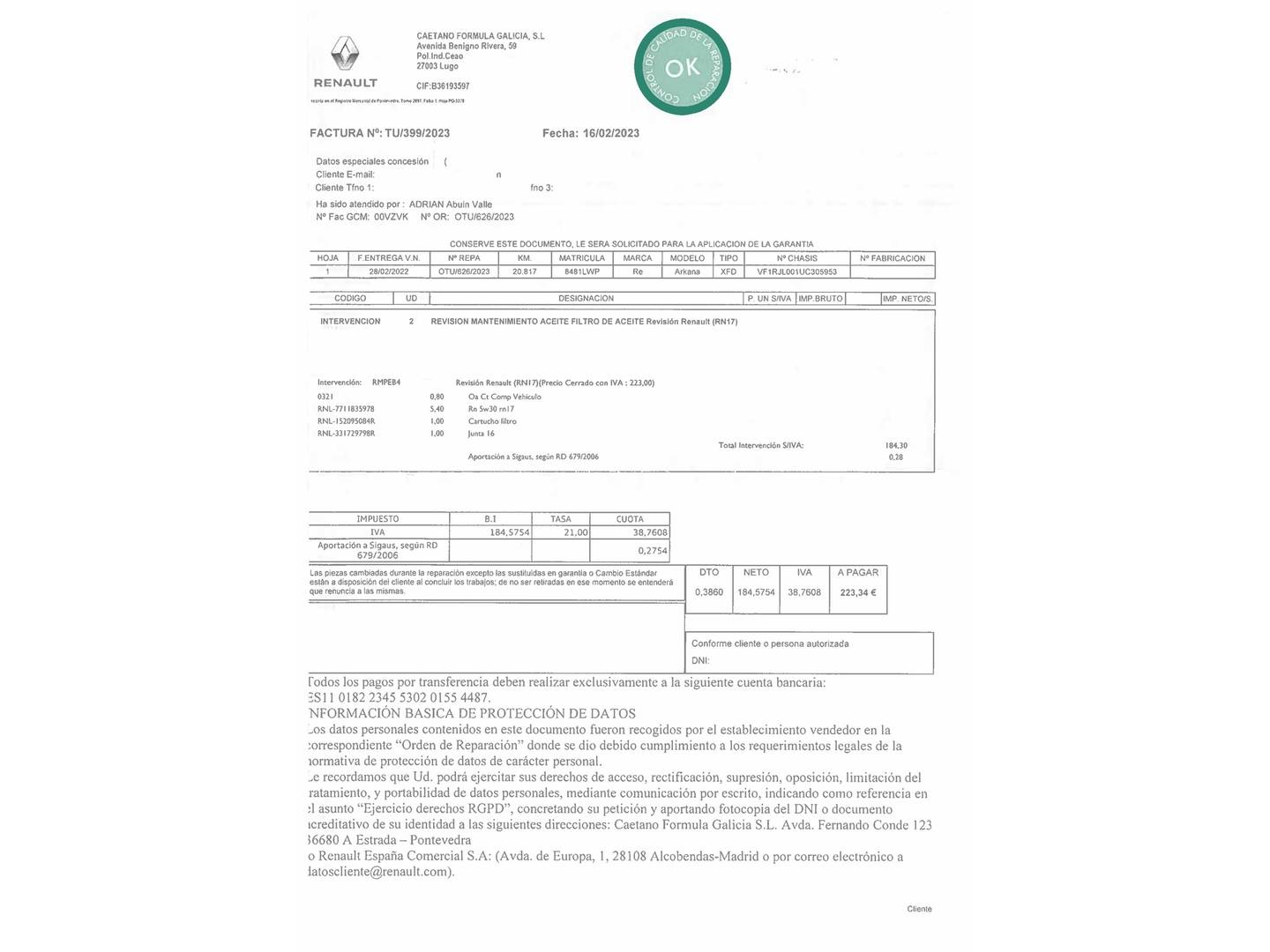 Foto del mantenimiento del Renault Arkana Renault Arkana RS Line TCe (140 CV) EDC Microhíbrido