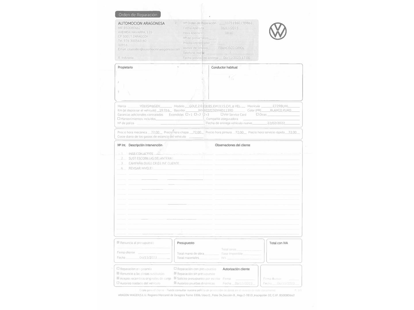 Foto del mantenimiento del Volkswagen Golf Volkswagen Golf 2.0 TDI (115 CV)