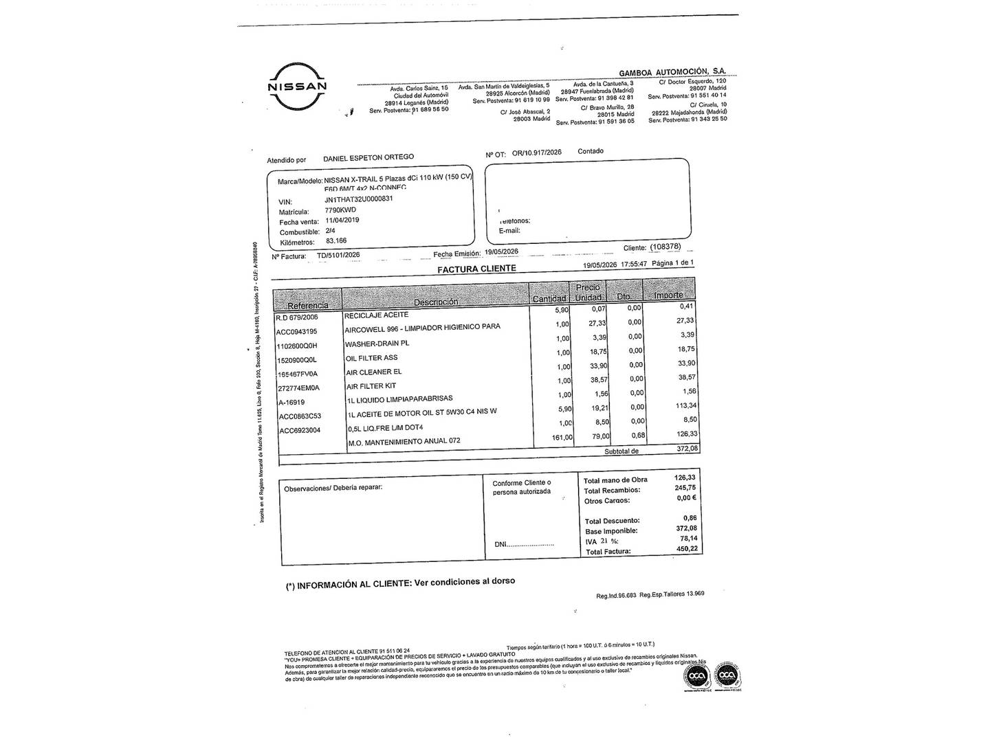 Foto del mantenimiento del Nissan X-TRAIL Nissan X-Trail Visia dCi (150 CV)