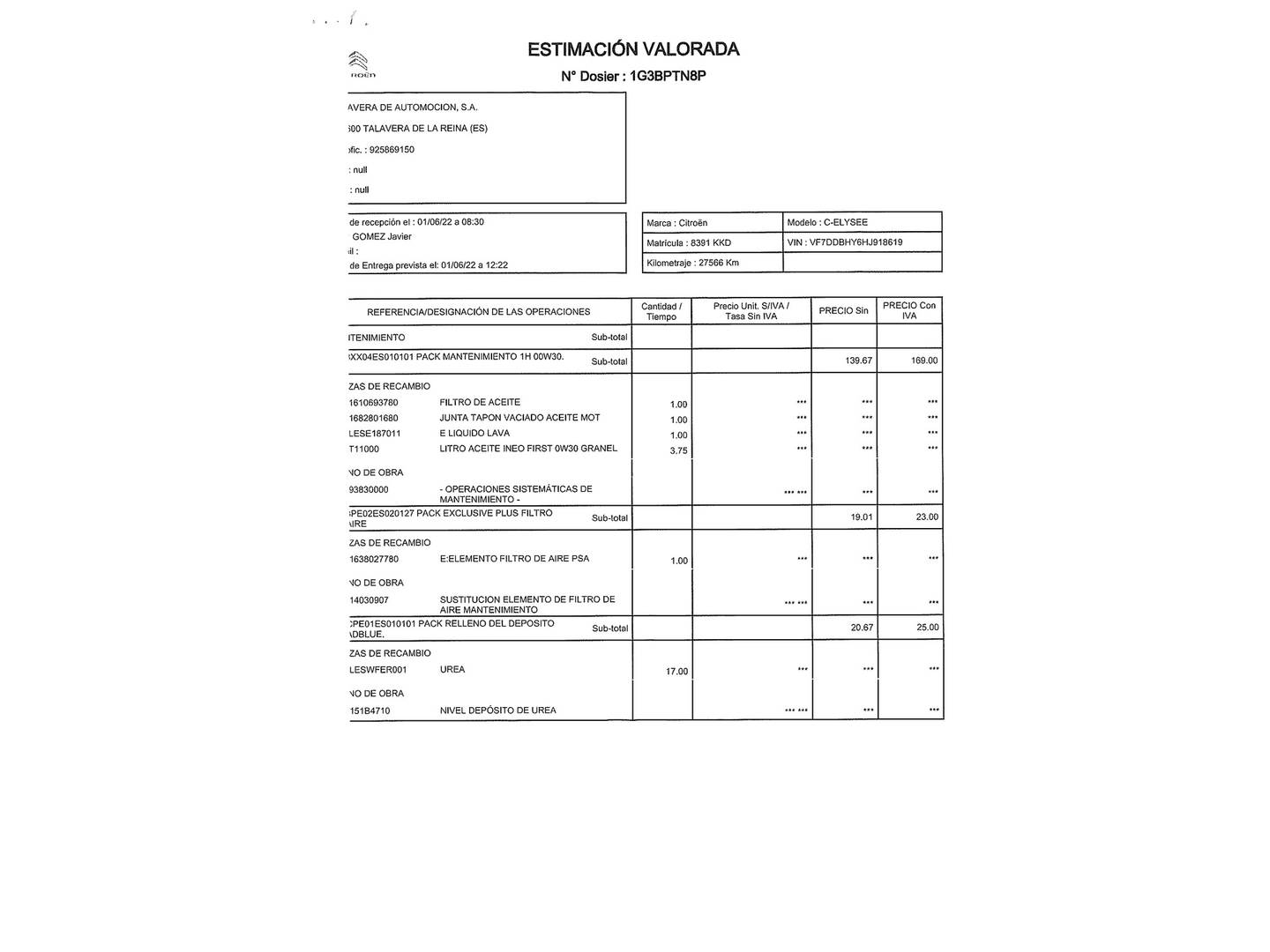 Foto del mantenimiento del Citroën C-Elysée Citroën C-Elysee BlueHDi 100 Shine (100 CV)