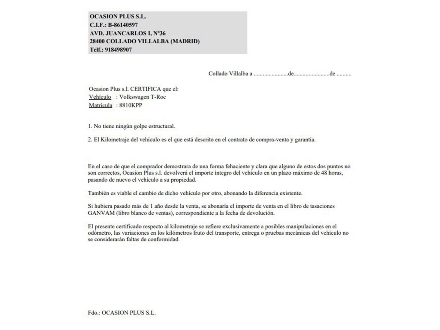 Foto del certificado del Volkswagen T-Roc Volkswagen T-Roc Sport 1.6 TDI (115 CV)