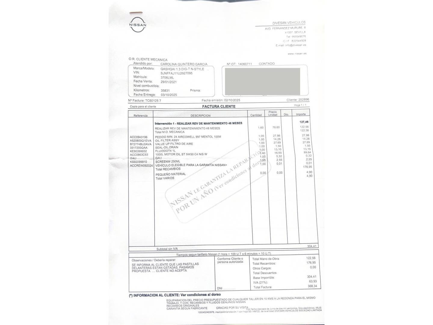 Foto del mantenimiento del Nissan QASHQAI Nissan Qashqai DIG-T 160 N-Style 4x2 DCT  (160 CV)