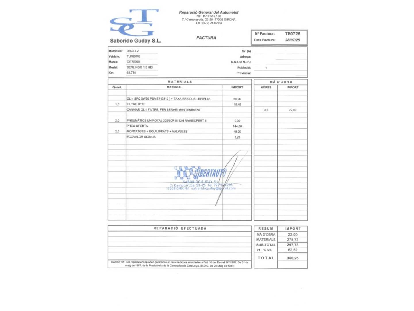 Foto del mantenimiento del Citroën Berlingo Citroen Berlingo Combi BlueHDi 100 S&S Talla M Feel Pack (102 CV)