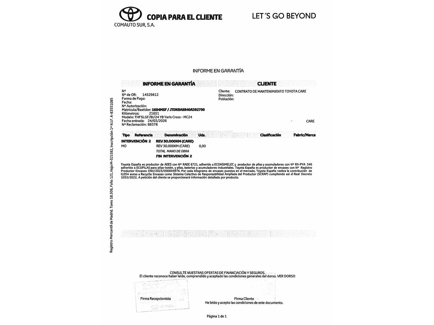 Foto del mantenimiento del Toyota Yaris Cross Toyota Yaris Cross 120H Active Plus (116 CV)