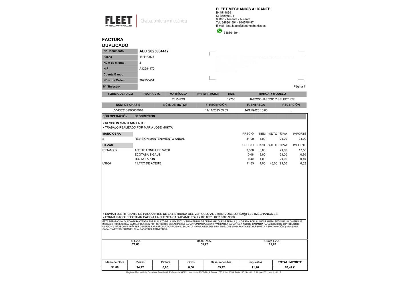 Foto del mantenimiento del JAECOO 7 JAECOO 7 1.6 TGDI Select FWD (145 CV)