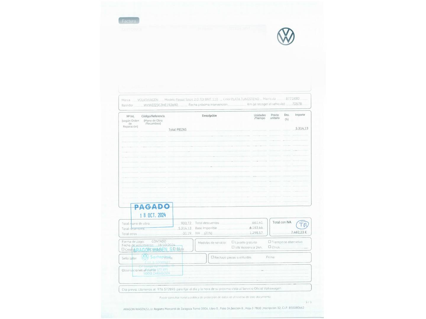 Foto del mantenimiento del Volkswagen Passat Volkswagen Passat Sport 2.0 TDI BMT (150 CV)