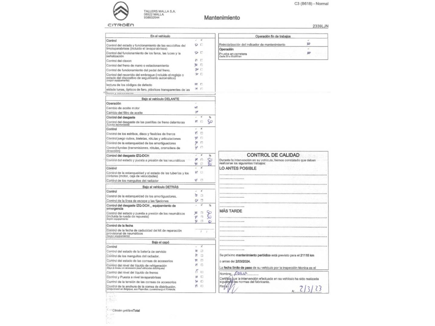 Foto del mantenimiento del Citroën C3 Citroën C3 PureTech Feel Pack (83 CV)