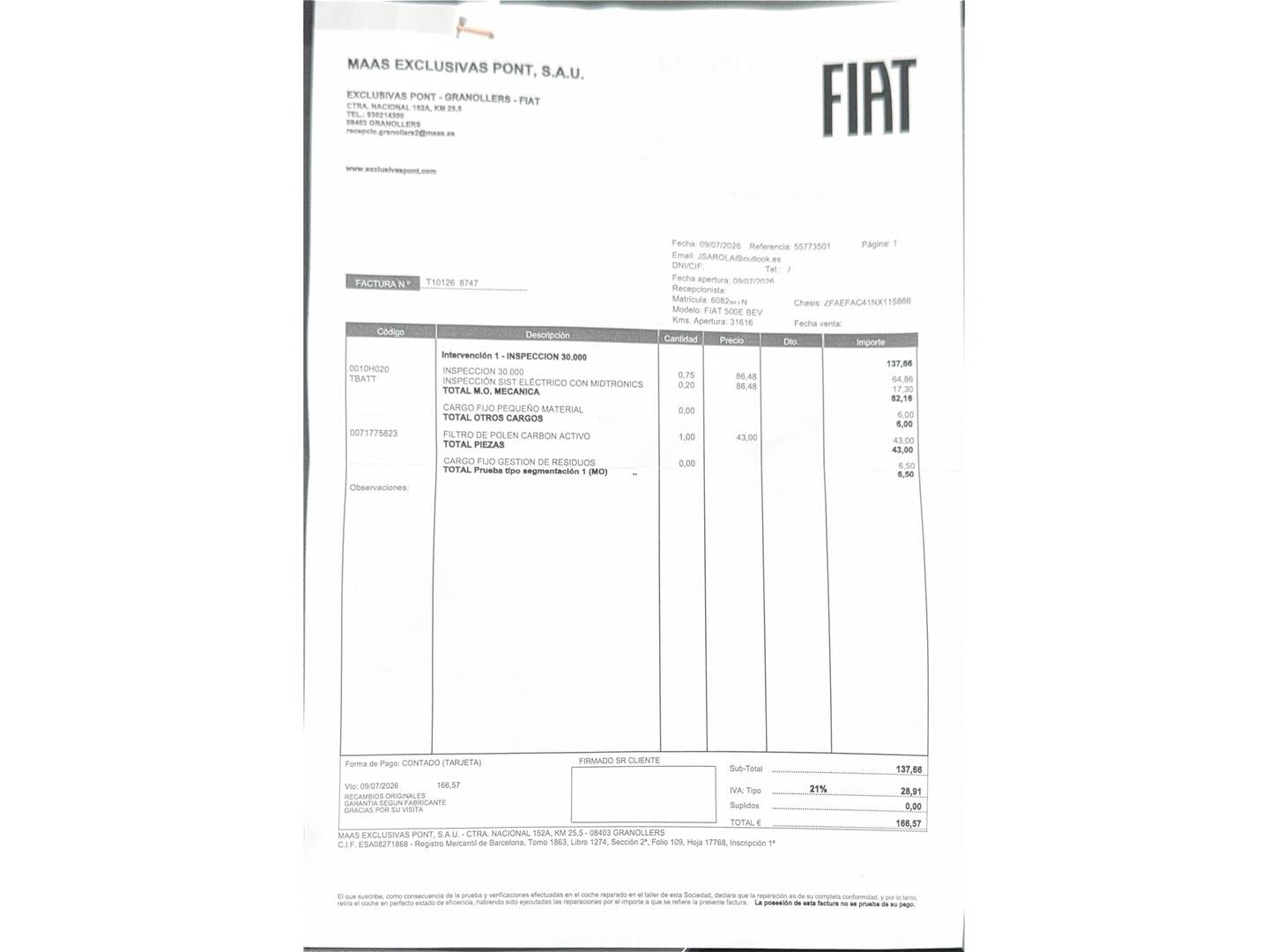 Foto del mantenimiento del Fiat 500 Fiat 500 Electrico Icon Hb 320km (118 CV)