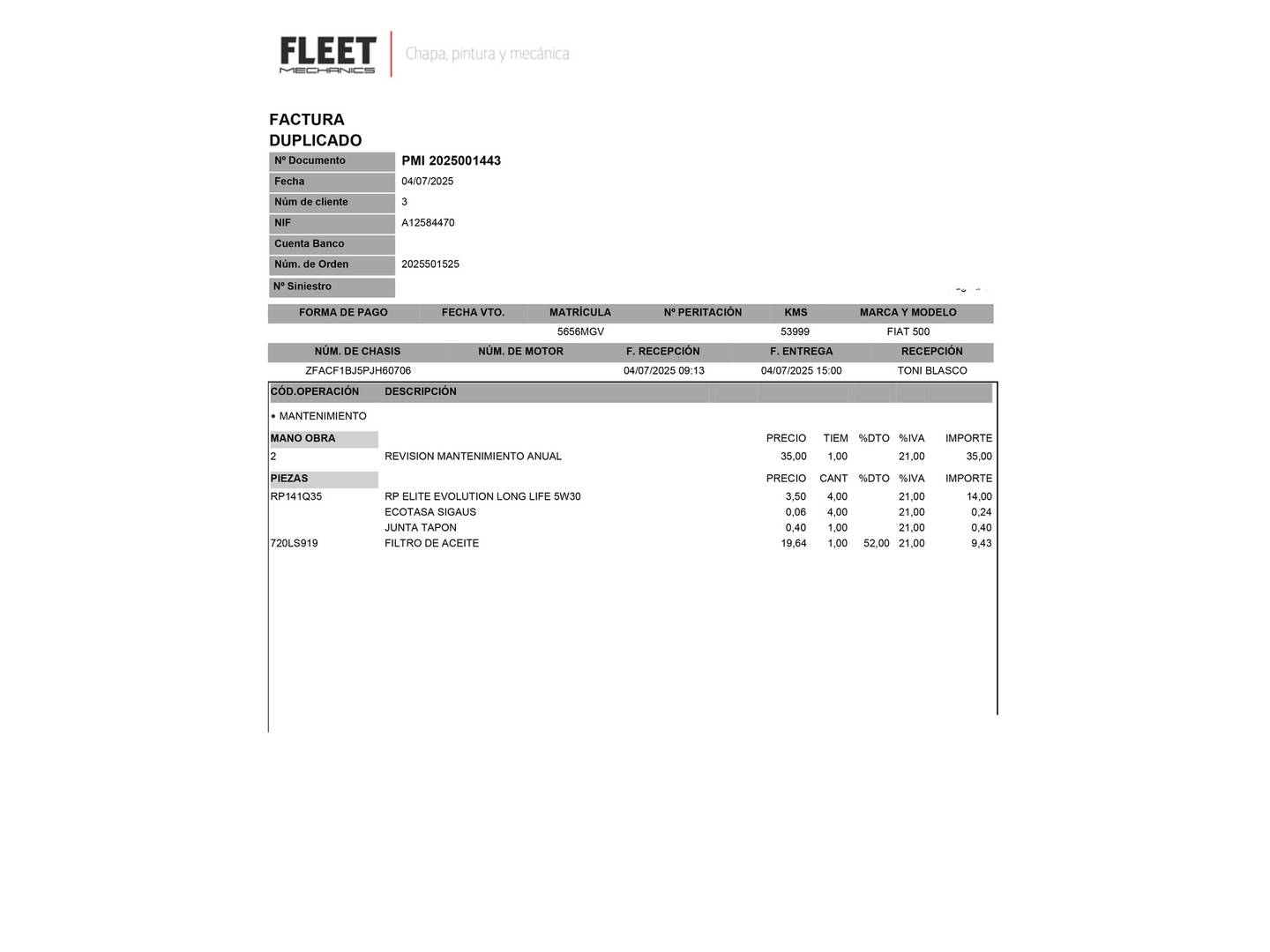 Foto del mantenimiento del Fiat 500 Fiat 500 1.0 Hybrid Monotrim (70 CV)