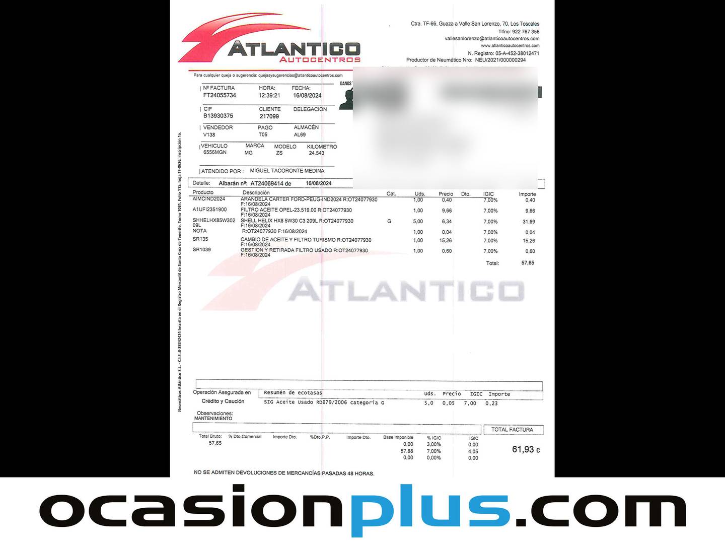 Foto del mantenimiento del MG ZS MG ZS 1.0T Luxury Auto (111 CV)