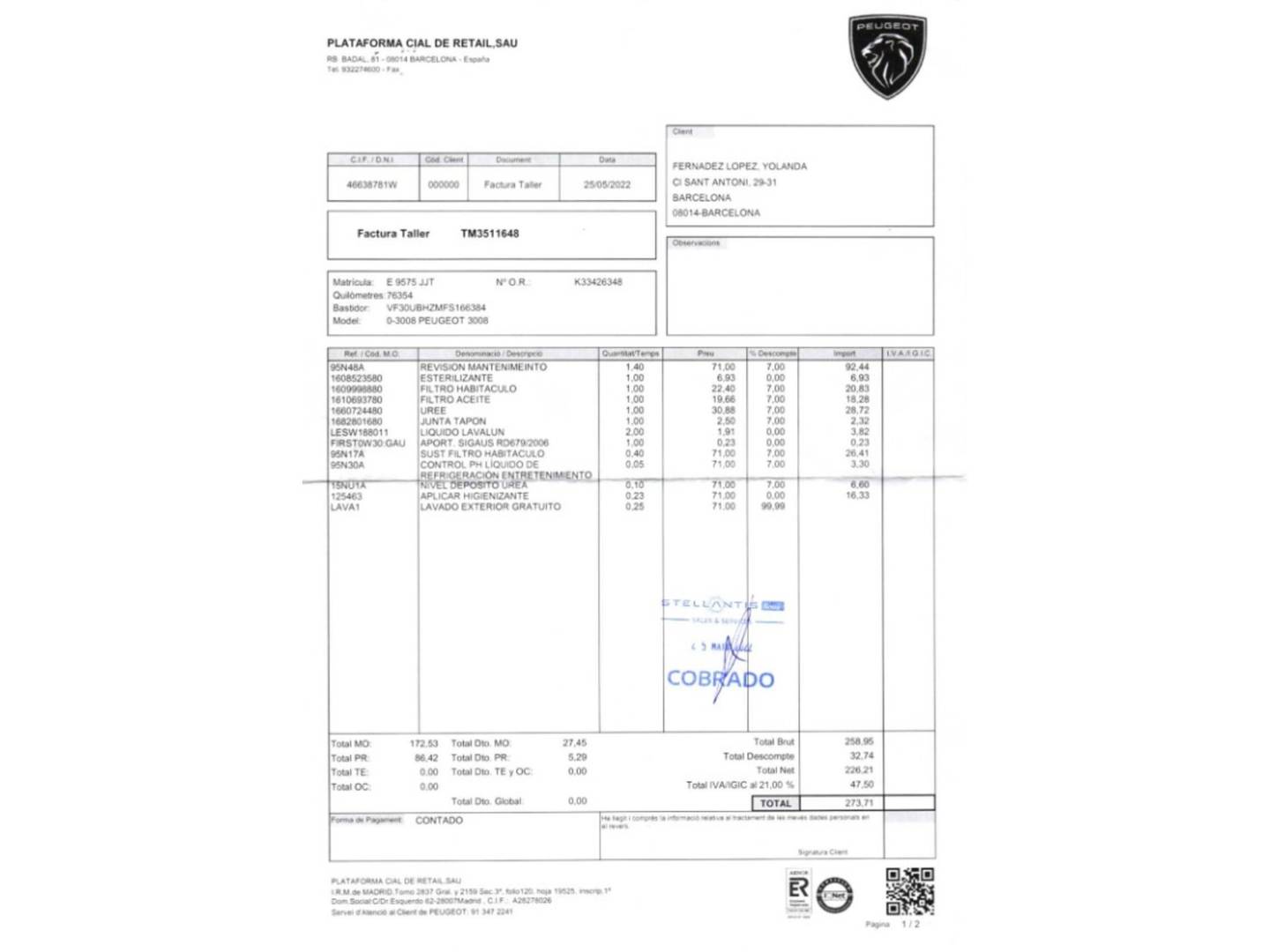 Foto del mantenimiento del Peugeot 3008 Peugeot 3008 1.6 BlueHDi FAP Allure (120 CV)