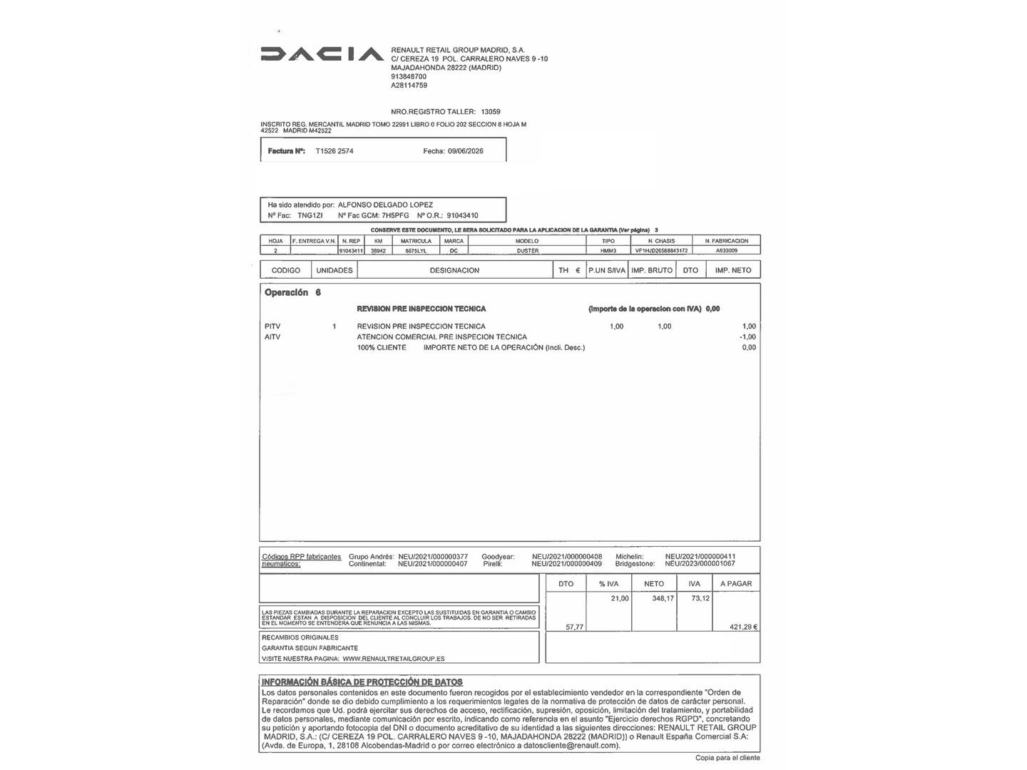 Foto del mantenimiento del Dacia Duster Dacia Duster Prestige TCE (150 CV) EDC