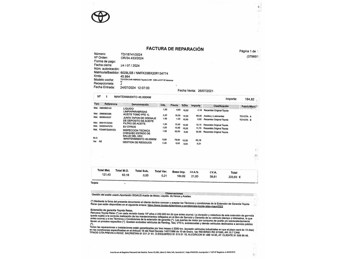 Foto del mantenimiento del Toyota C-HR Toyota C-HR 1.8 125H Advance (122 CV)