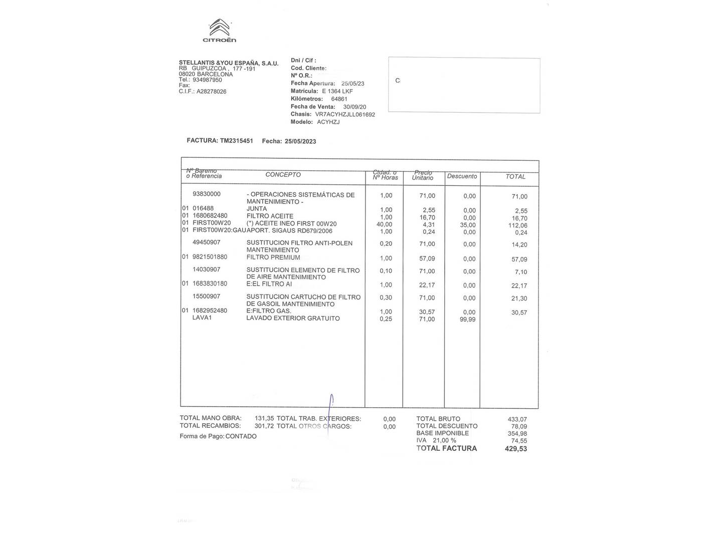 Foto del mantenimiento del Citroën C5 Aircross Citroen C5 Aircross BlueHdi 130 S&S C Series (131 CV)