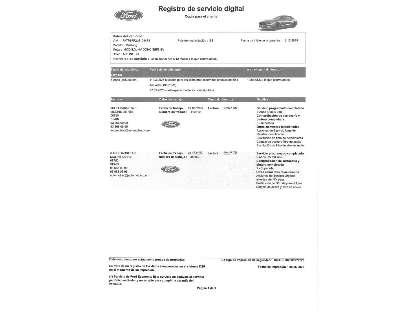 Foto del mantenimiento del Ford Mustang Ford Mustang 5.0 Ti-VCT V8 Convertible Mustang GT Automatico (450 CV)