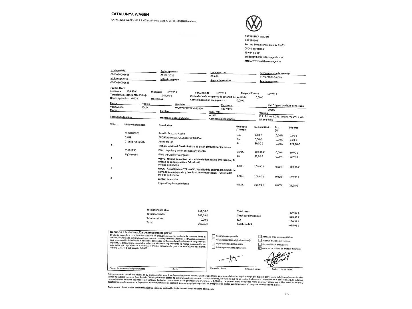 Foto del mantenimiento del Volkswagen Polo Volkswagen Polo R-Line 1.0 TSI (95 CV)