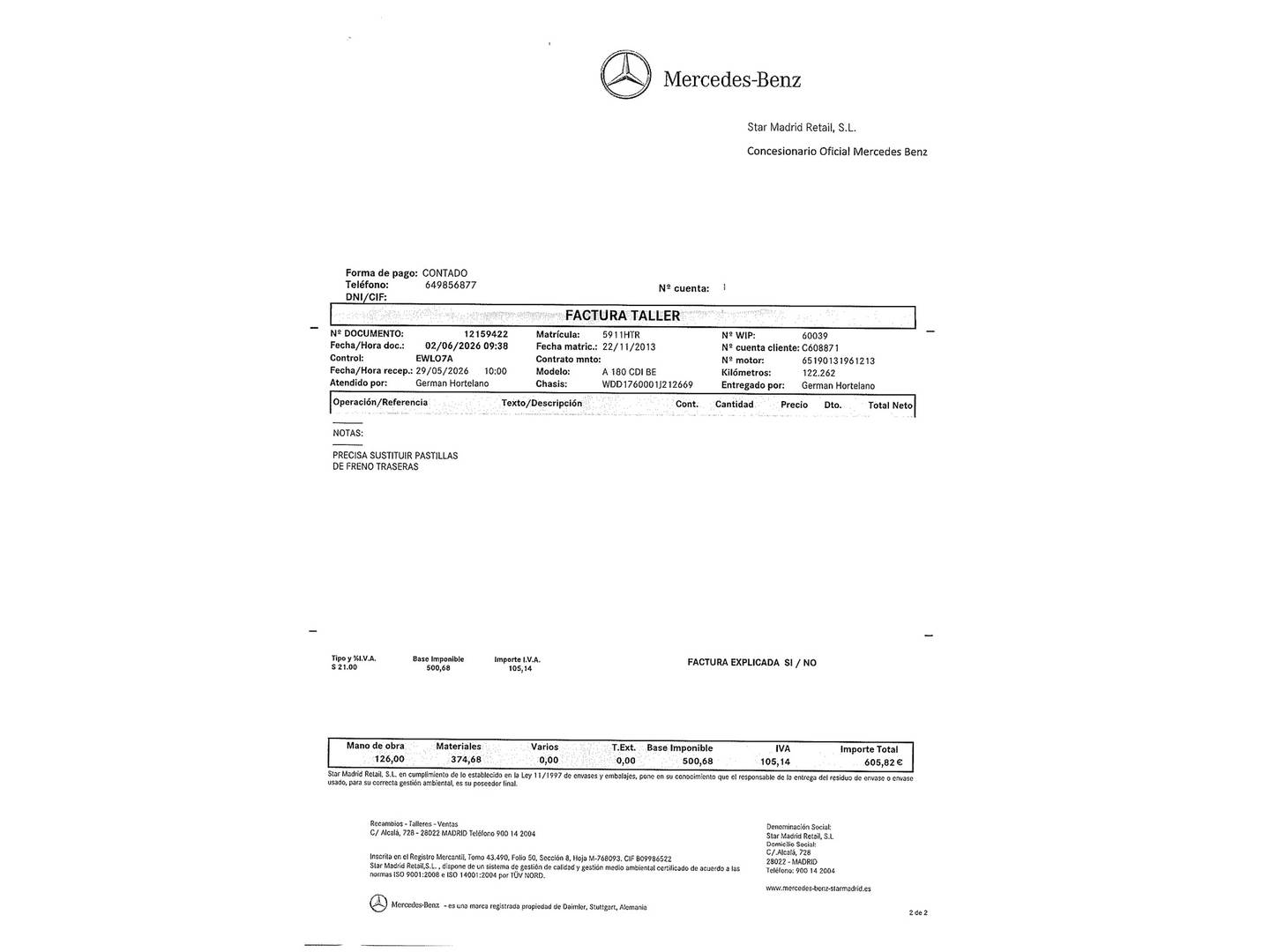 Foto del mantenimiento del Mercedes Clase A Mercedes Clase A 180 CDI Blue Efficiency Urban (109 CV)