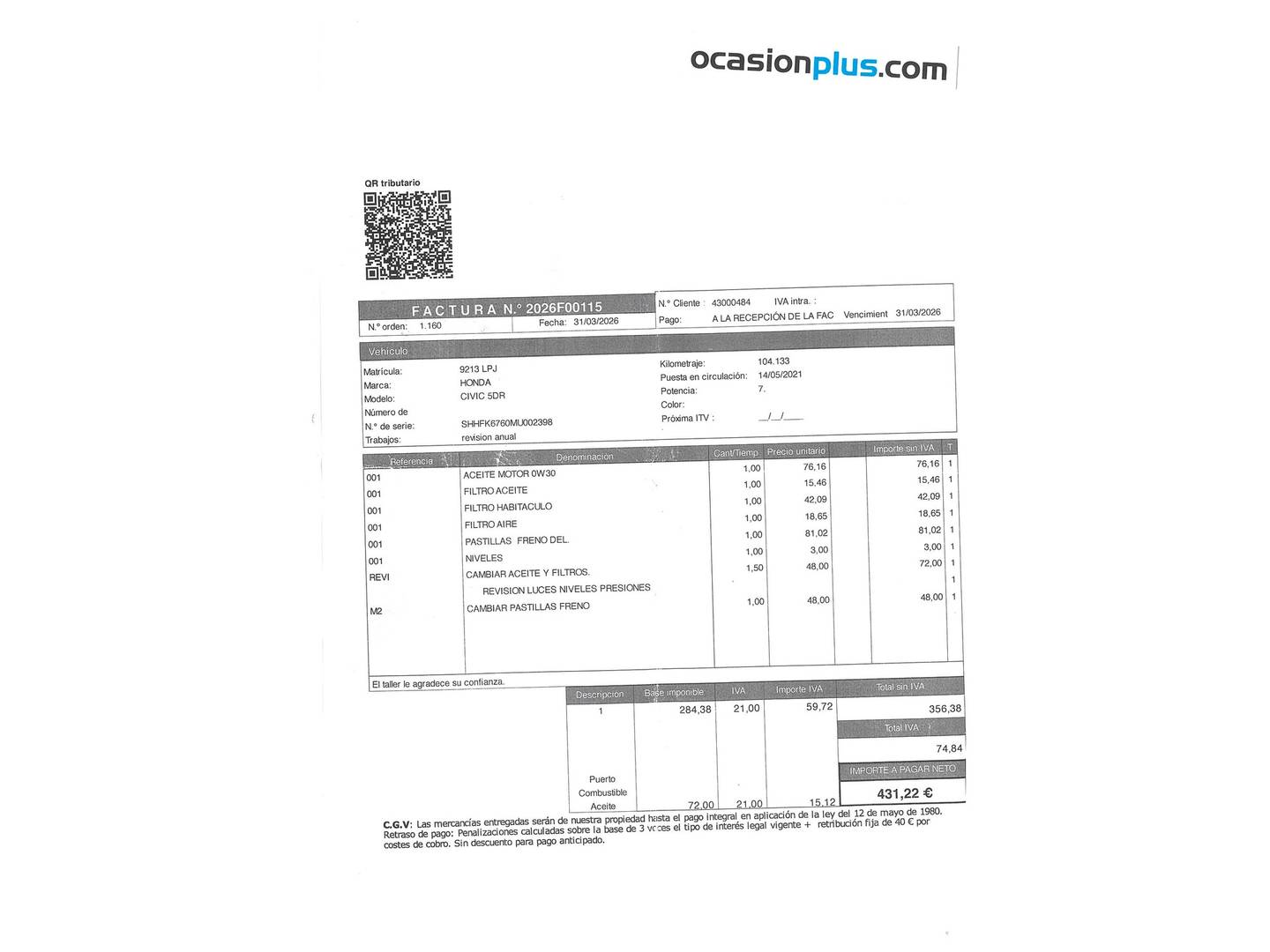 Foto del mantenimiento del Honda Civic Honda Civic 1.0 I-VTEC TURBO Elegance Navi (126 CV)