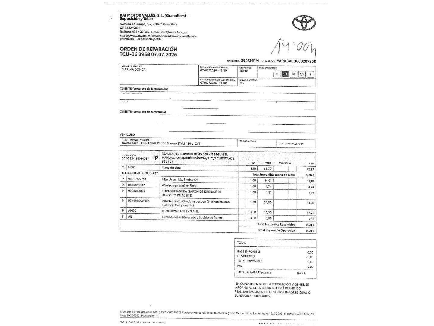 Foto del mantenimiento del Toyota Yaris Toyota Yaris 1.5 120H Style Plus (116 CV)