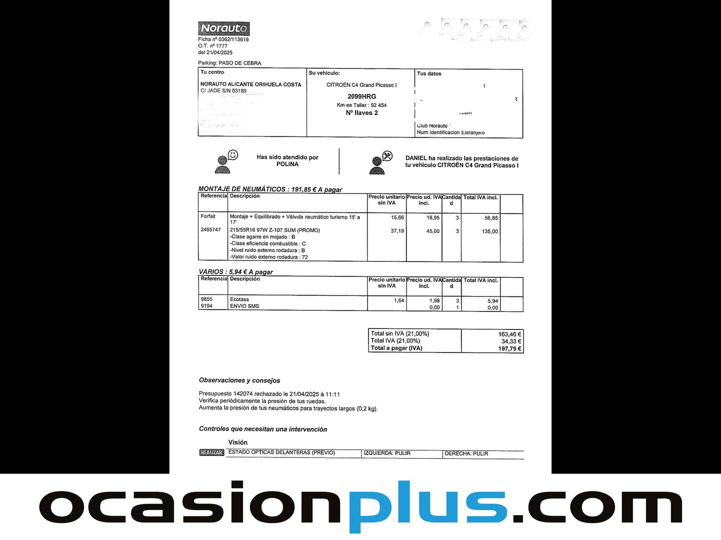 Foto del mantenimiento del Citroën Grand C4 Picasso Citroën Grand C4 Picasso 1.6 HDI 110cv Tonic 7 Plazas (112 CV)