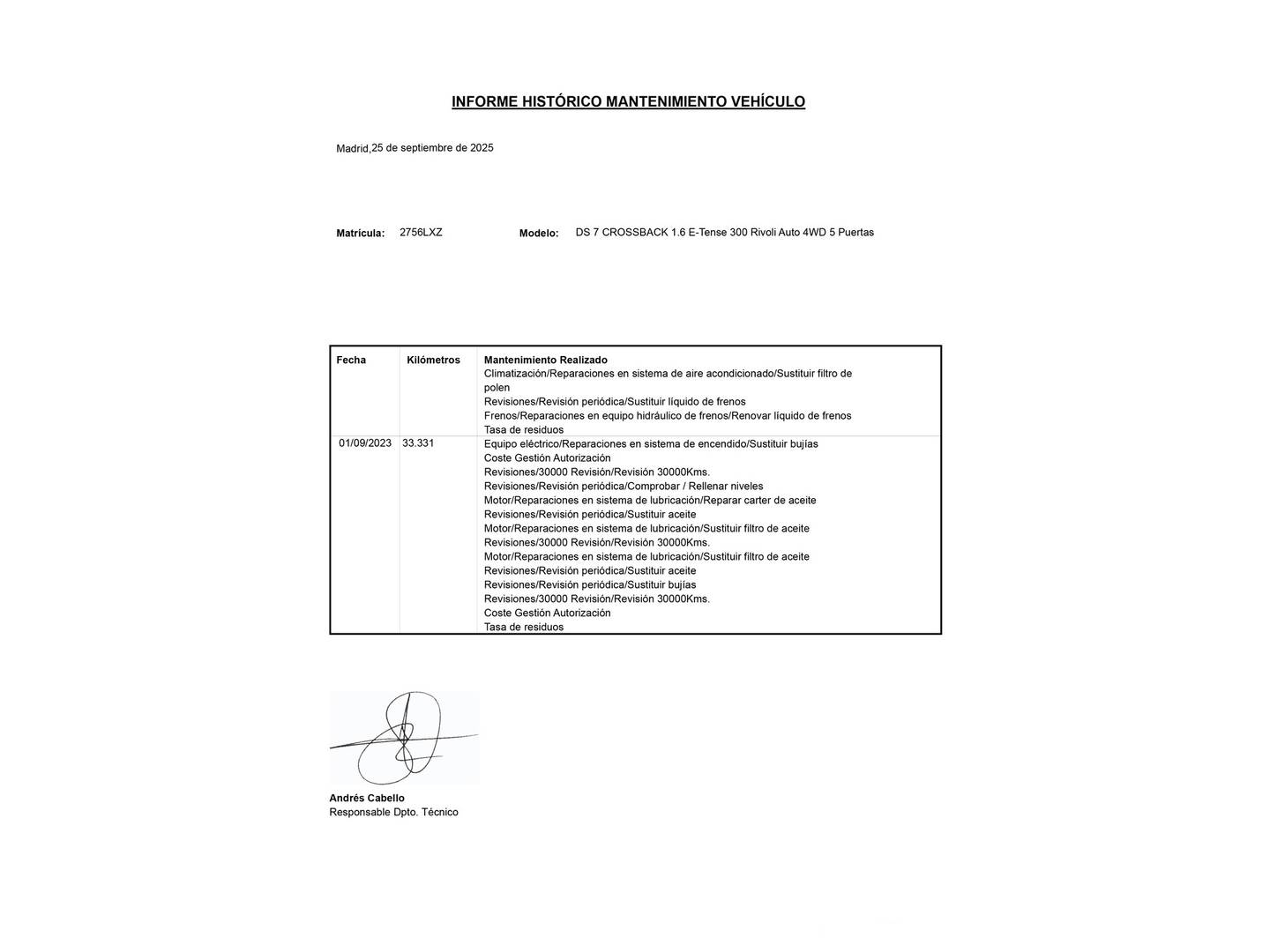 Foto del mantenimiento del DS DS 7 Crossback DS DS7 Crossback E-Tense 300 Rivoli 4WD Auto (300 CV)