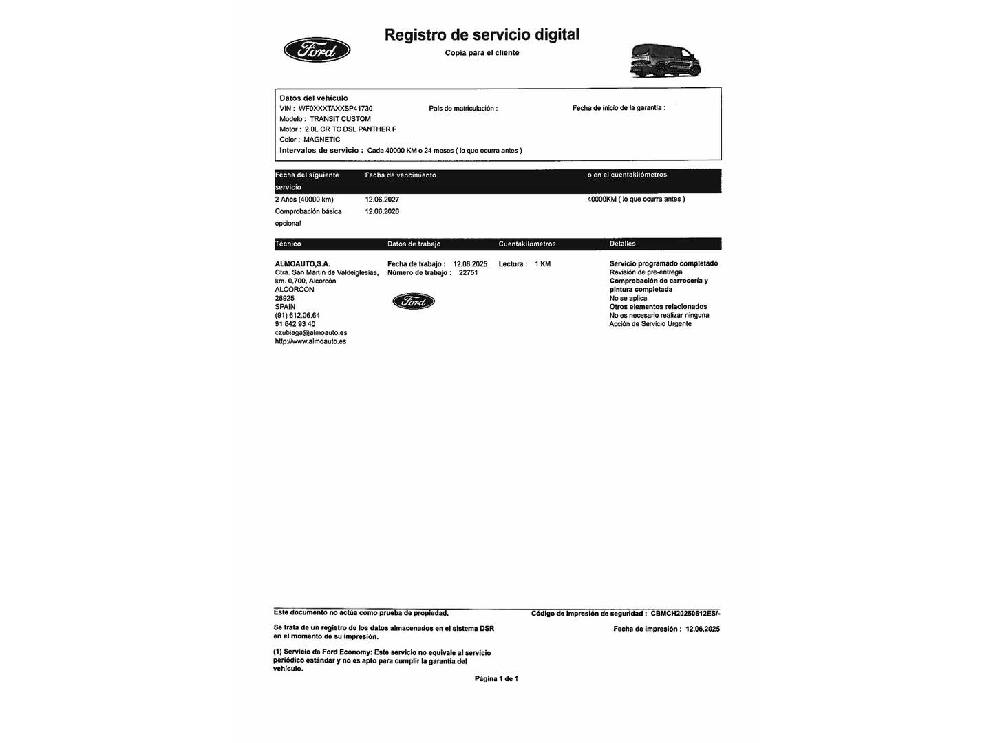 Foto del mantenimiento del Ford Tourneo Custom Ford Tourneo Custom 2.0 Ecoblue L1 Titanium X Auto (170 CV) 7 Plazas