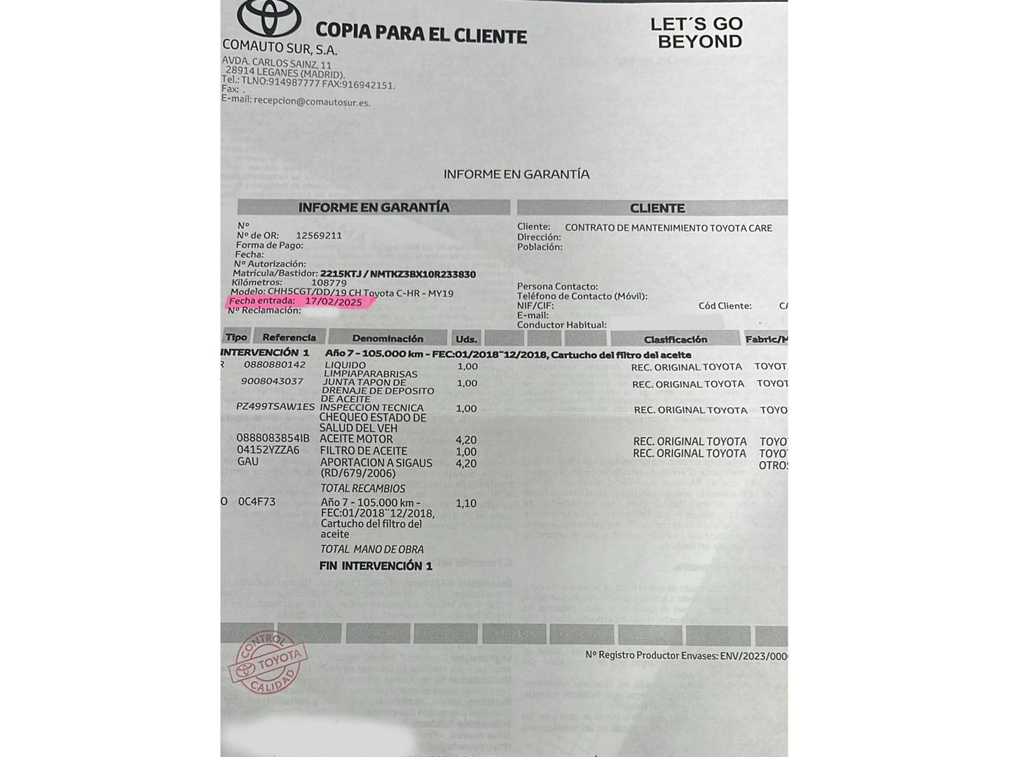 Foto del mantenimiento del Toyota C-HR Toyota C-HR 1.4 Fire Lounge (95 CV)