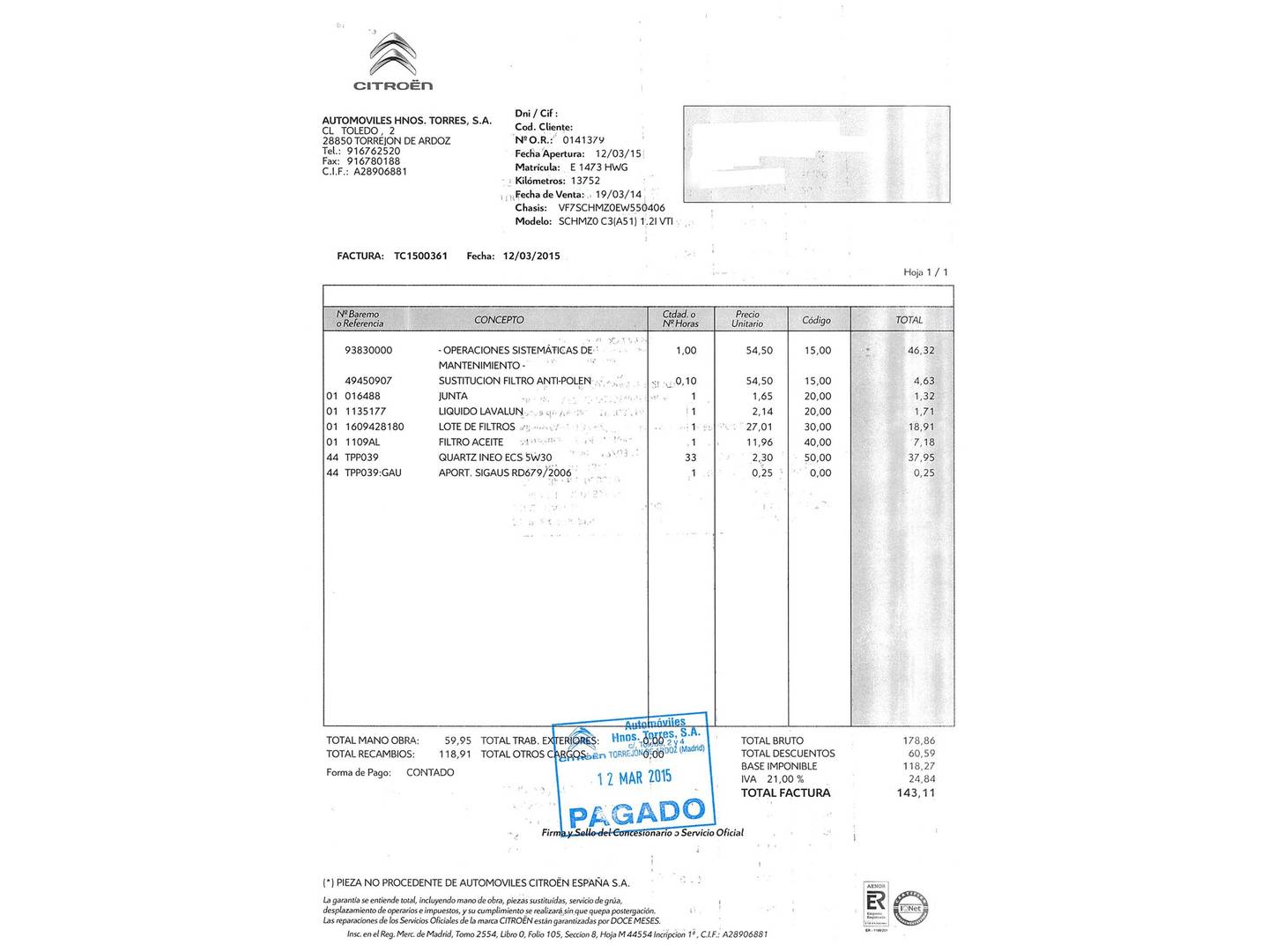 Foto del mantenimiento del Citroën C3 Citroën C3 VTI 82 Collection (82 CV)