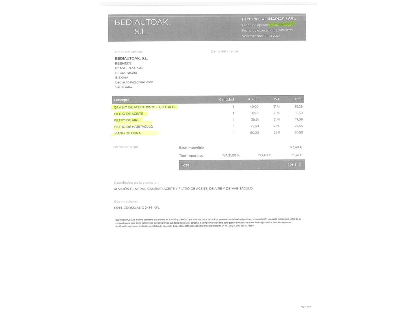Foto del mantenimiento del Opel Crossland X Opel Crossland X 1.2 Turbo S&S ecoTEC Excellence (110 CV)