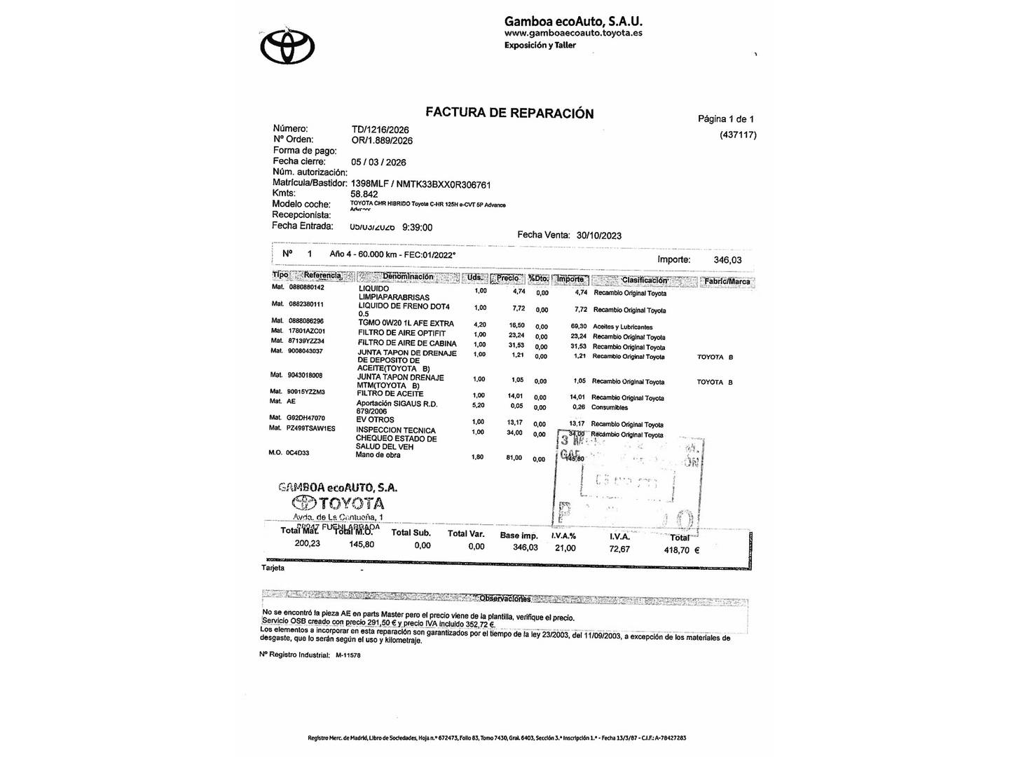 Foto del mantenimiento del Toyota C-HR Toyota C-HR 1.8 125H Advance (122 CV)