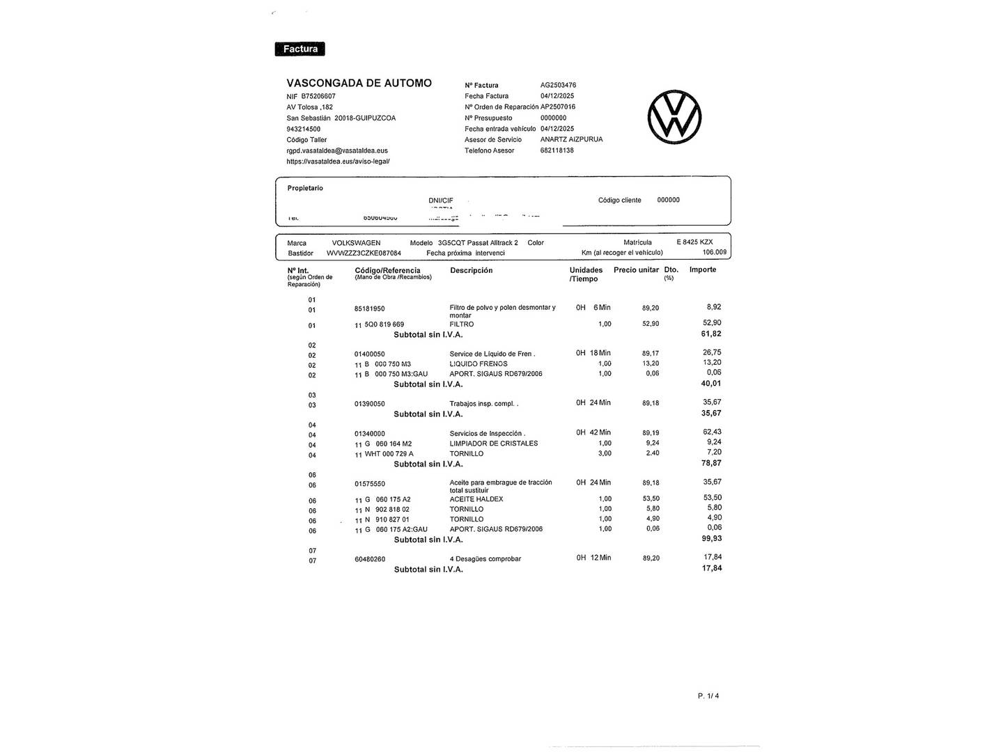 Foto del mantenimiento del Volkswagen Passat Volkswagen Passat Alltrack 2.0 TSI 4Motion (272 CV) DSG