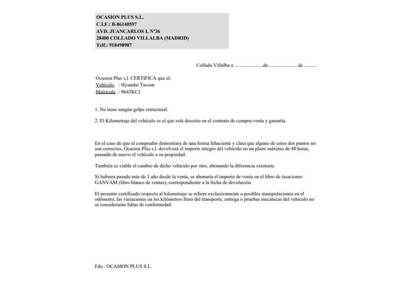 Foto del certificado del Hyundai Tucson Hyundai Tucson 1.7 CRDI BlueDrive Tecno Sky 4x2 (115 CV)