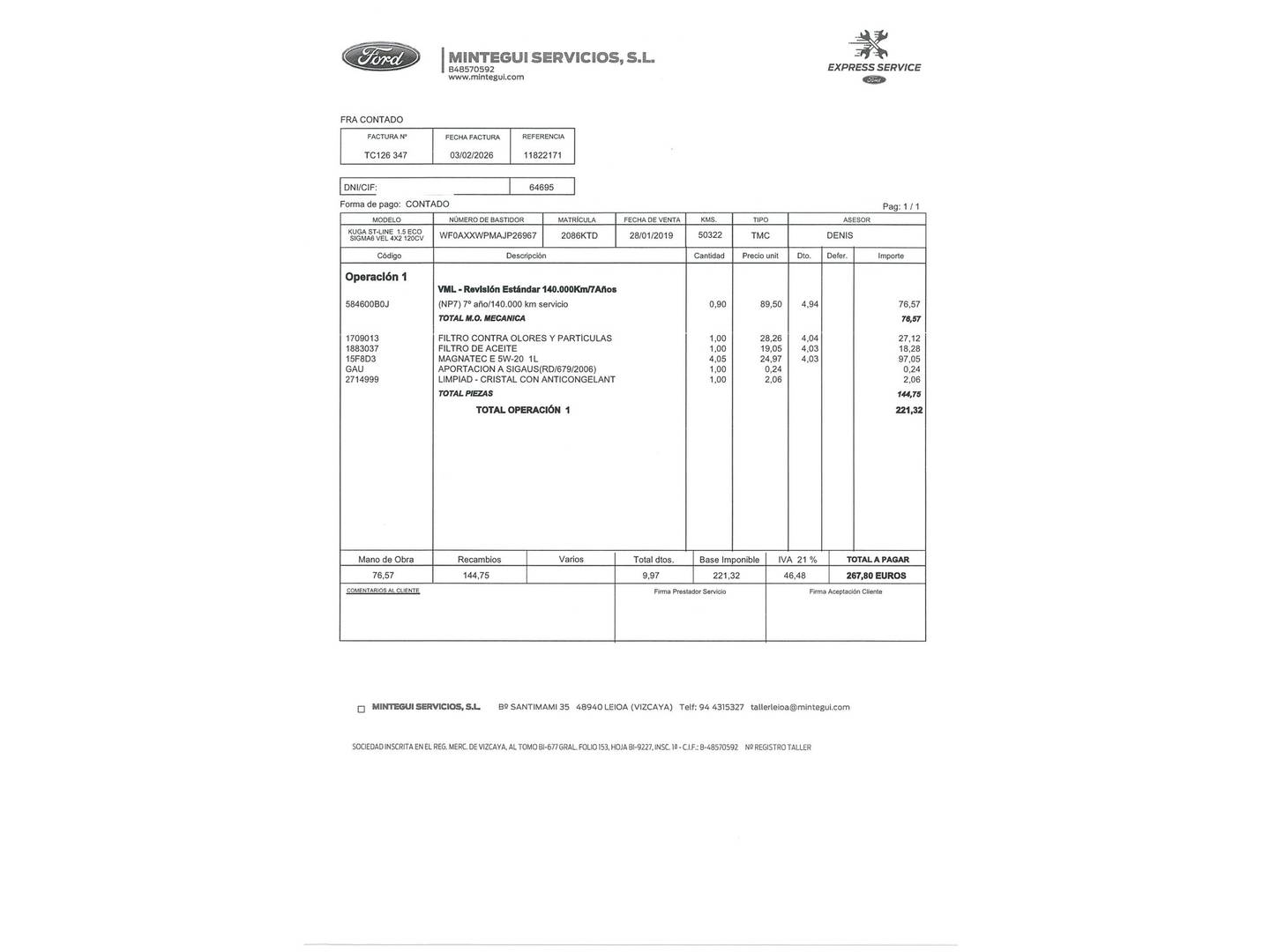 Foto del mantenimiento del Ford Kuga Ford Kuga 1.5 EcoBoost S&S ST-Line 4x2 (120 CV)