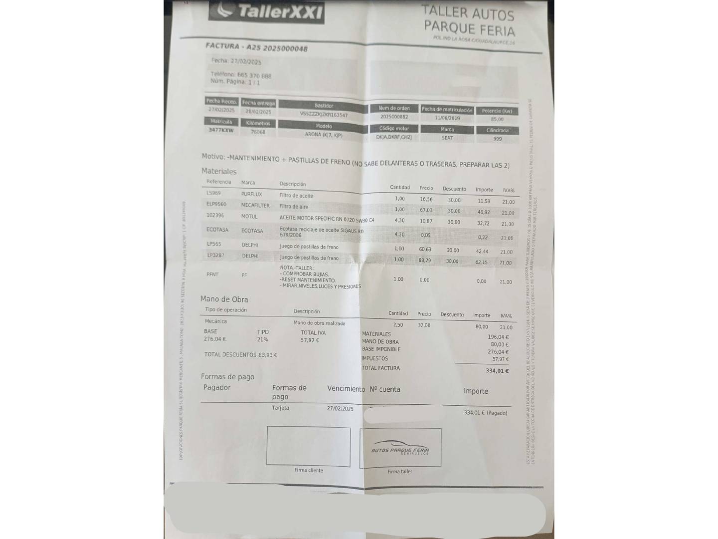 Foto del mantenimiento del Seat Arona Seat Arona 1.0 TSI Ecomotive S&S Style (115 CV)