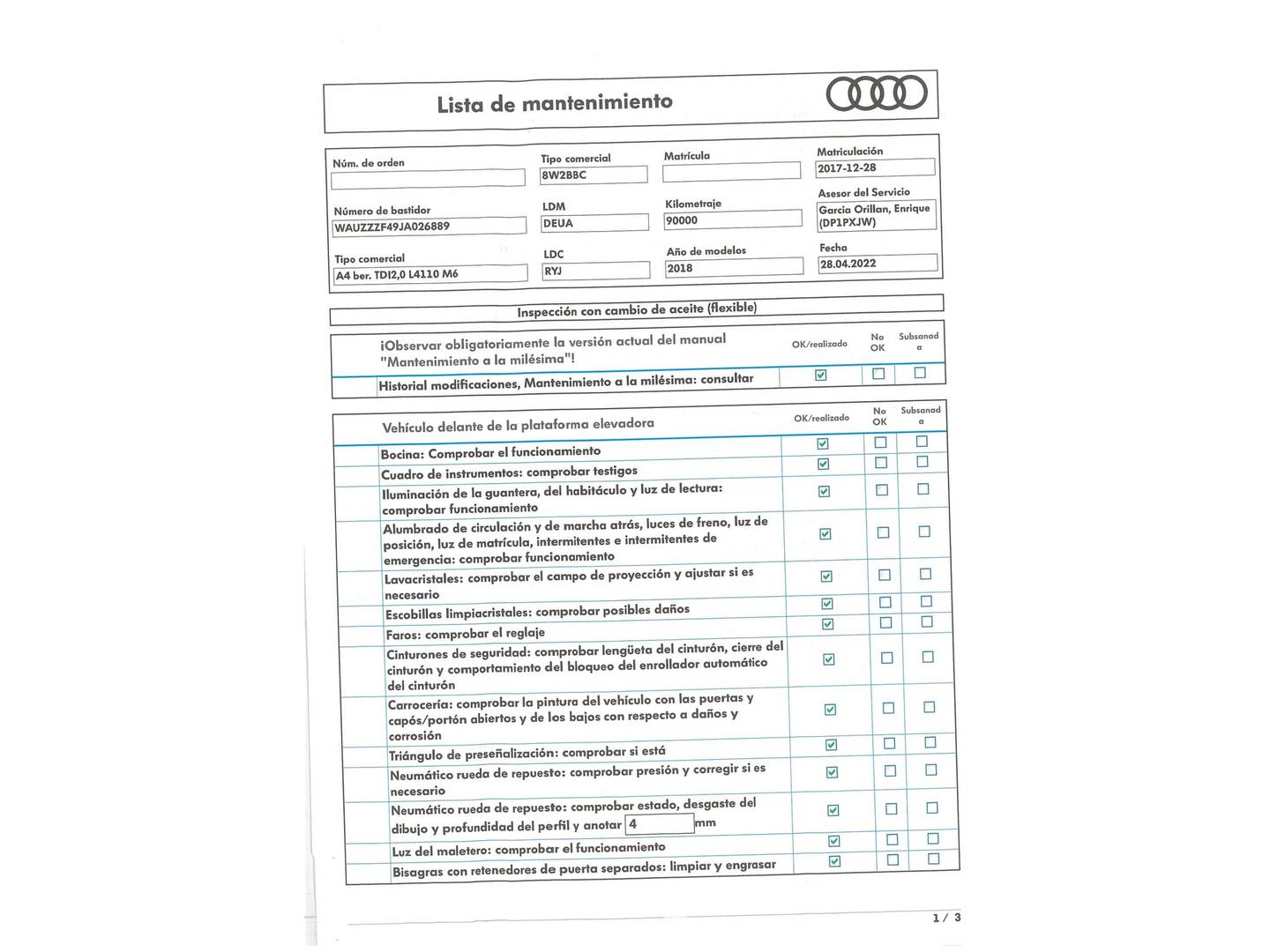 Foto del mantenimiento del Audi A4 Audi A4 S line edition 2.0 TDI (150 CV)