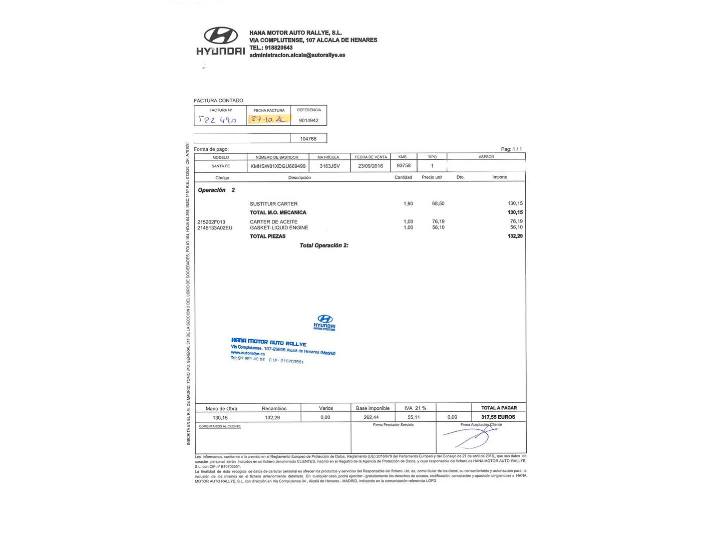 Foto del mantenimiento del Hyundai Santa Fe Hyundai Grand Santa Fe 2.2 CRDI Style Safe Auto 4x4 7 Plazas (200 CV)