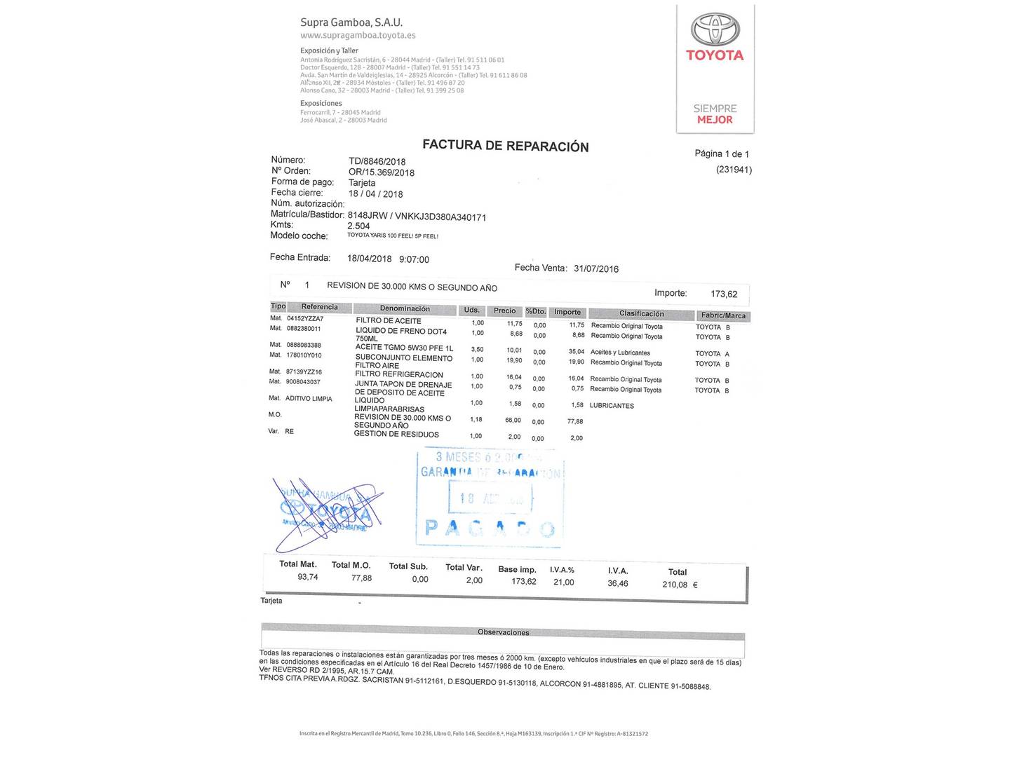 Foto del mantenimiento del Toyota Yaris Toyota Yaris 1.3 100 Feel (99 CV)