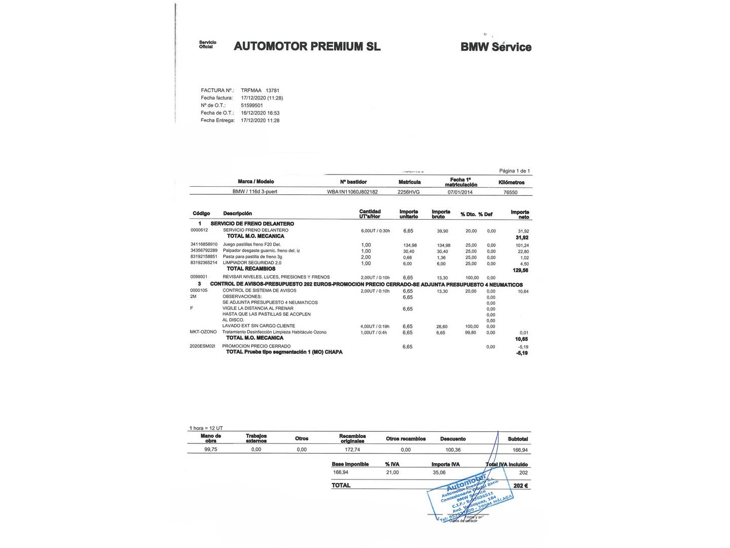 Foto del mantenimiento del BMW Serie 1 BMW Serie 1 116d (116 CV)